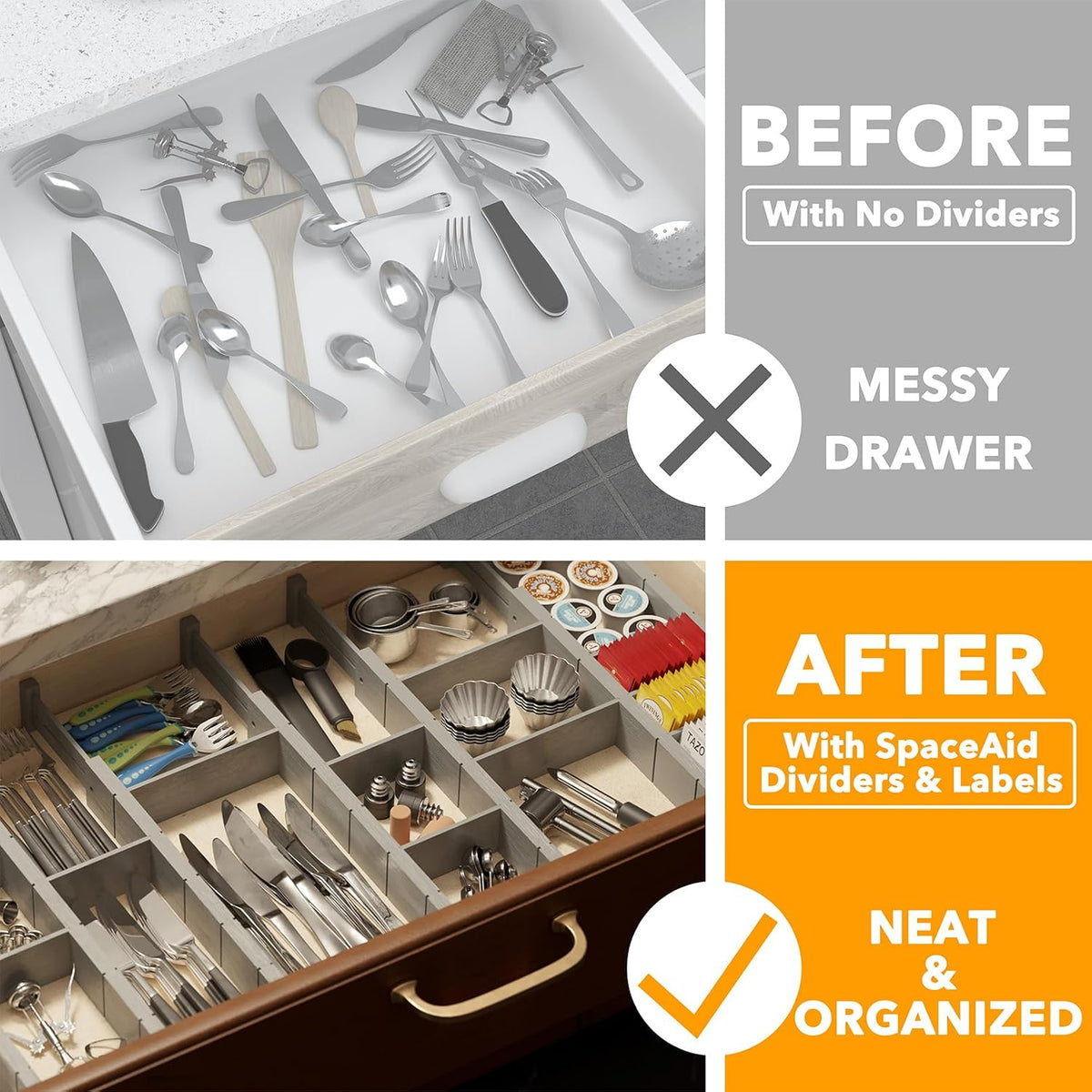 Bamboo Drawer Dividers with Inserts and Labels, Kitchen Adjustable Drawer Organizers, Expandable Organization for Home, Office, Dressers, 4 Dividers with 9 Inserts (17"-22" Natural)