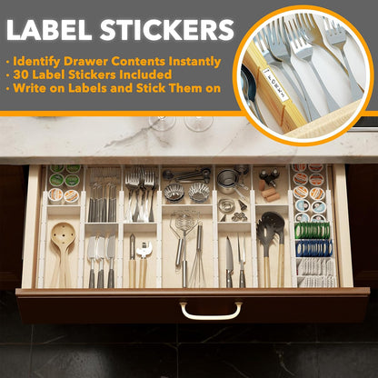 Bamboo Drawer Dividers with Inserts and Labels, Kitchen Adjustable Drawer Organizers, Expandable Organization for Home, Office, Dressers, 4 Dividers with 9 Inserts (17"-22" Natural)