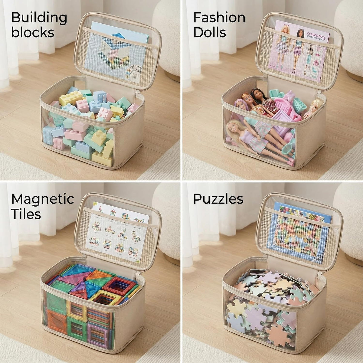 holay 4 Pack Clear Toy Storage Bags with Zipper & Handle, Board Game Bins