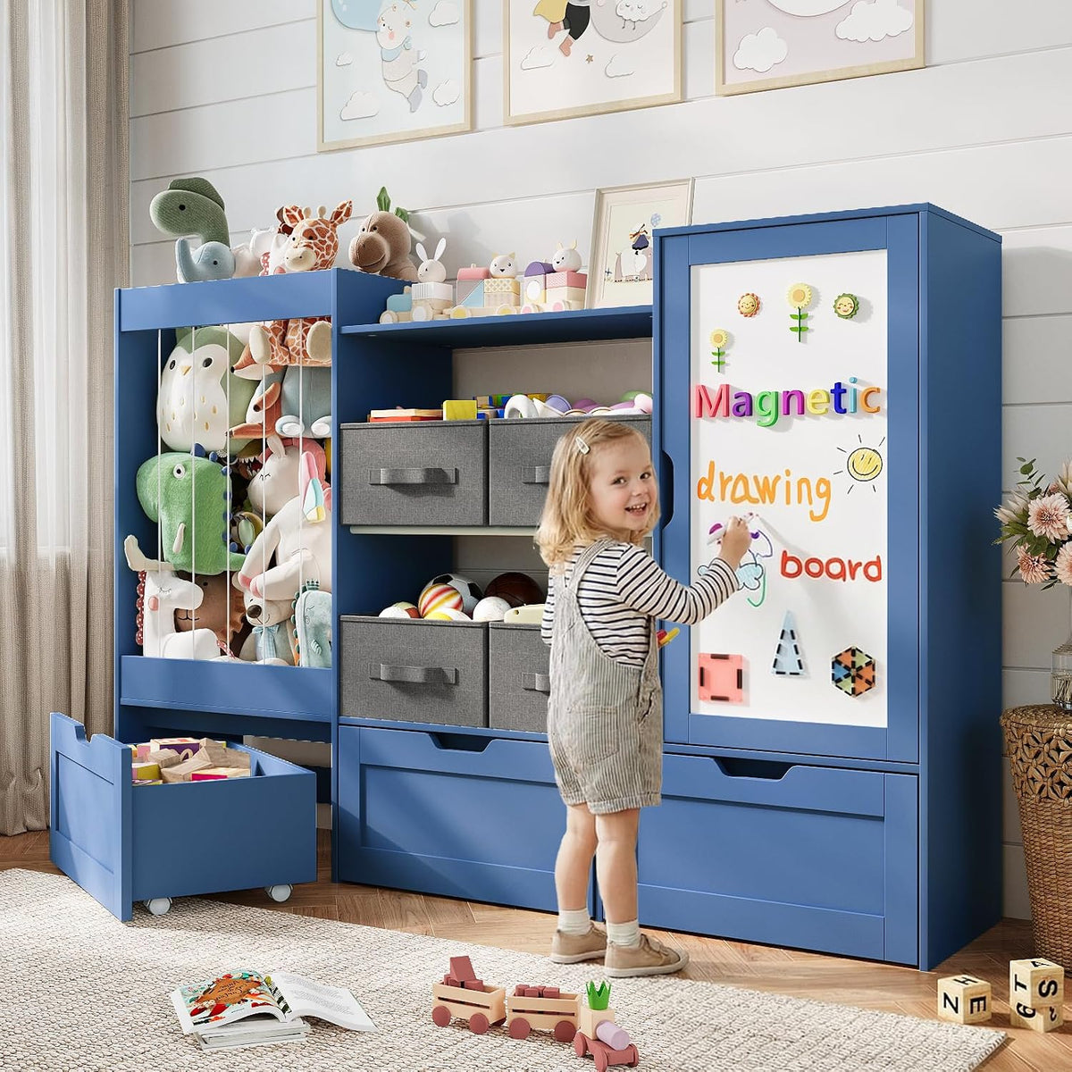 61" W Wooden Kids Toy Storage Organizer with Stuffed Animal Storage