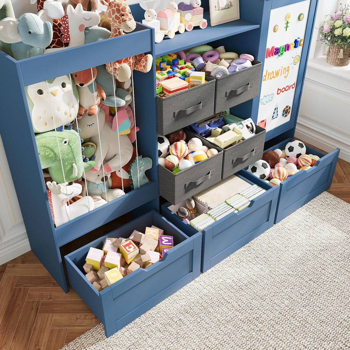 61" W Wooden Kids Toy Storage Organizer with Stuffed Animal Storage