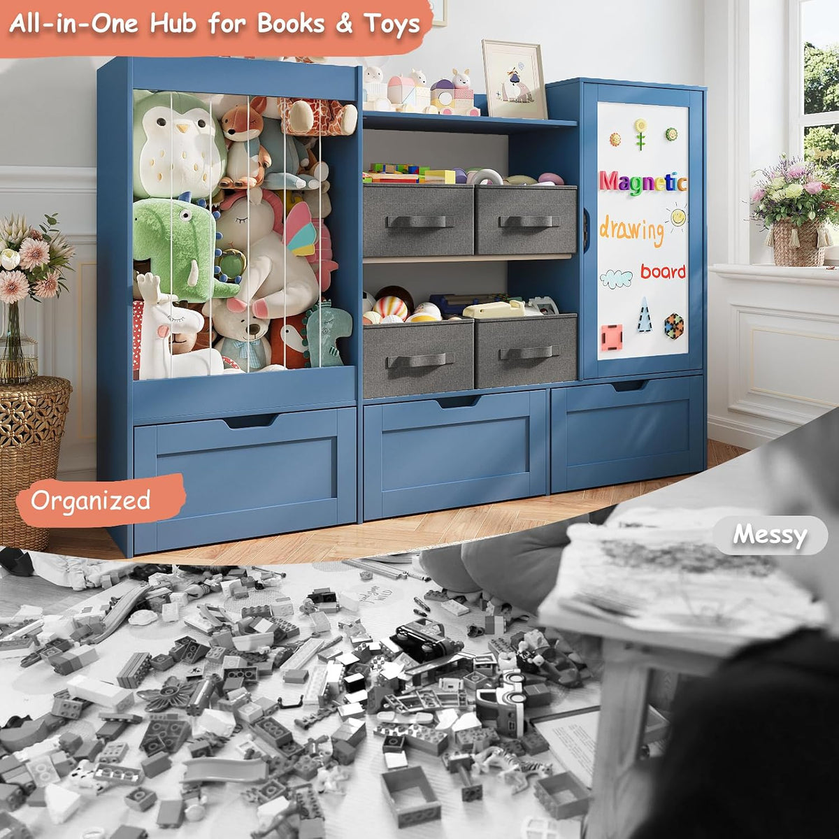 61" W Wooden Kids Toy Storage Organizer with Stuffed Animal Storage