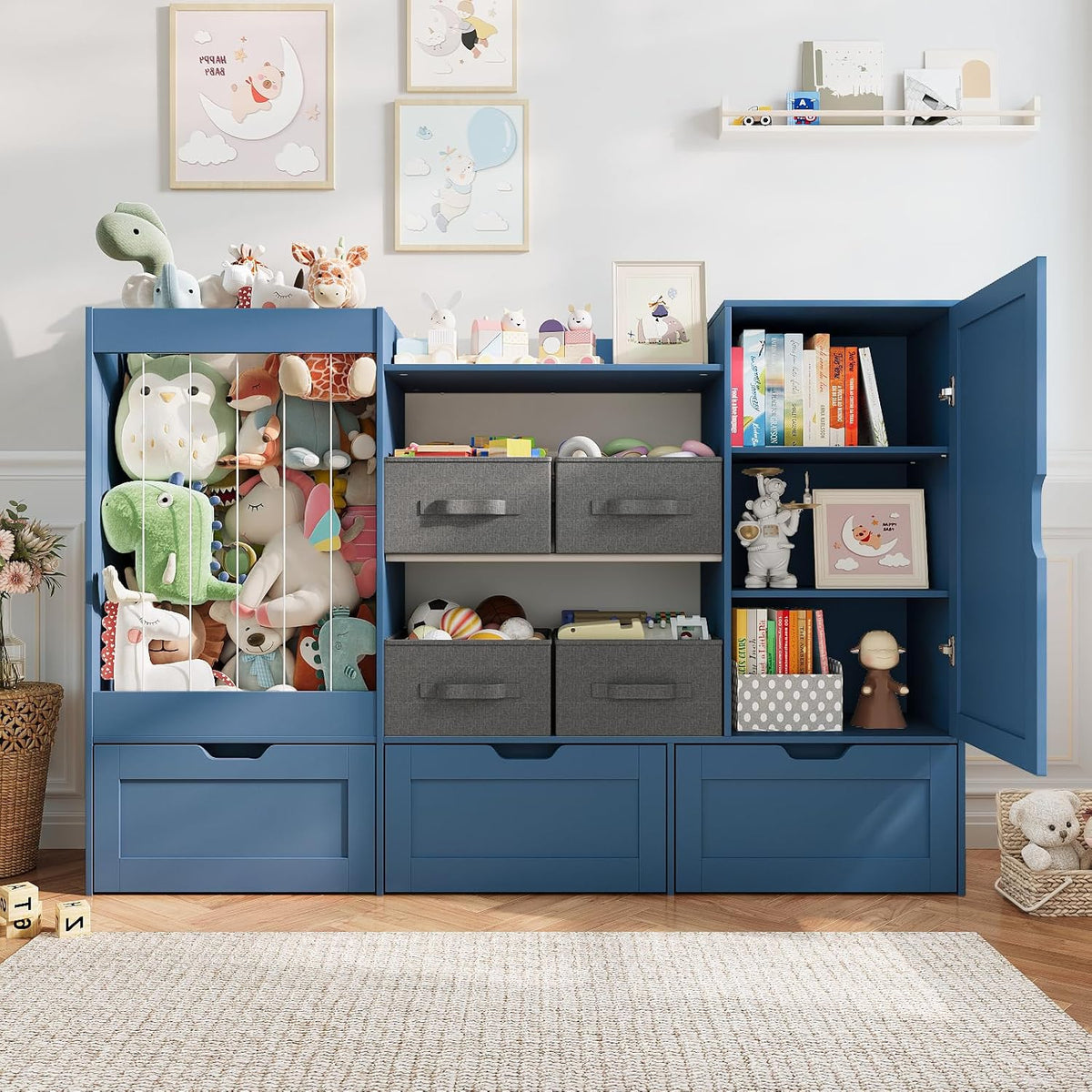 61" W Wooden Kids Toy Storage Organizer with Stuffed Animal Storage