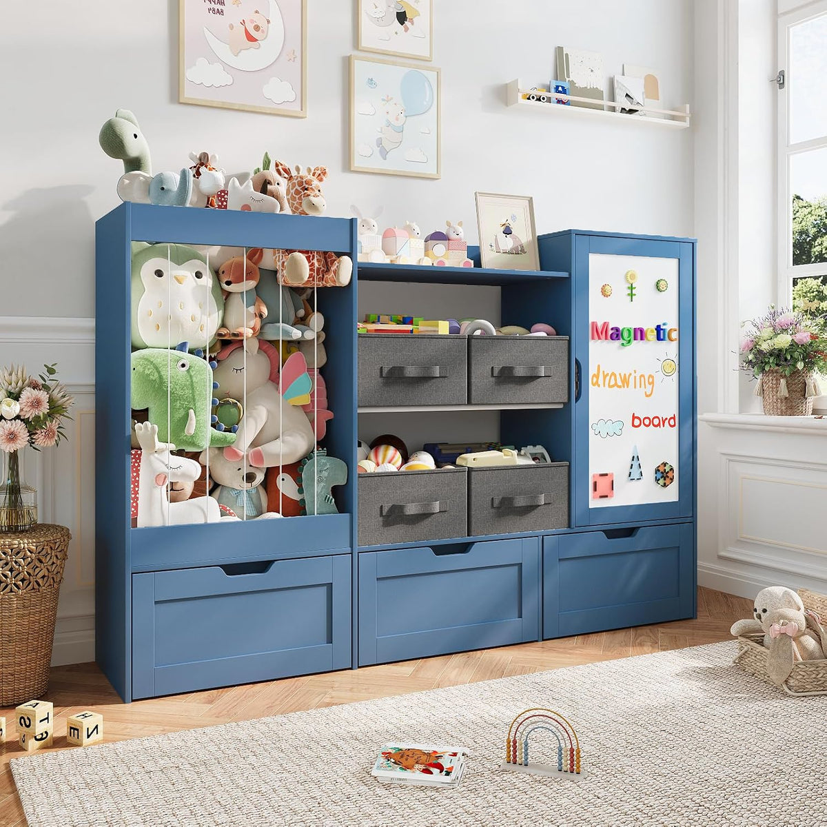 61" W Wooden Kids Toy Storage Organizer with Stuffed Animal Storage