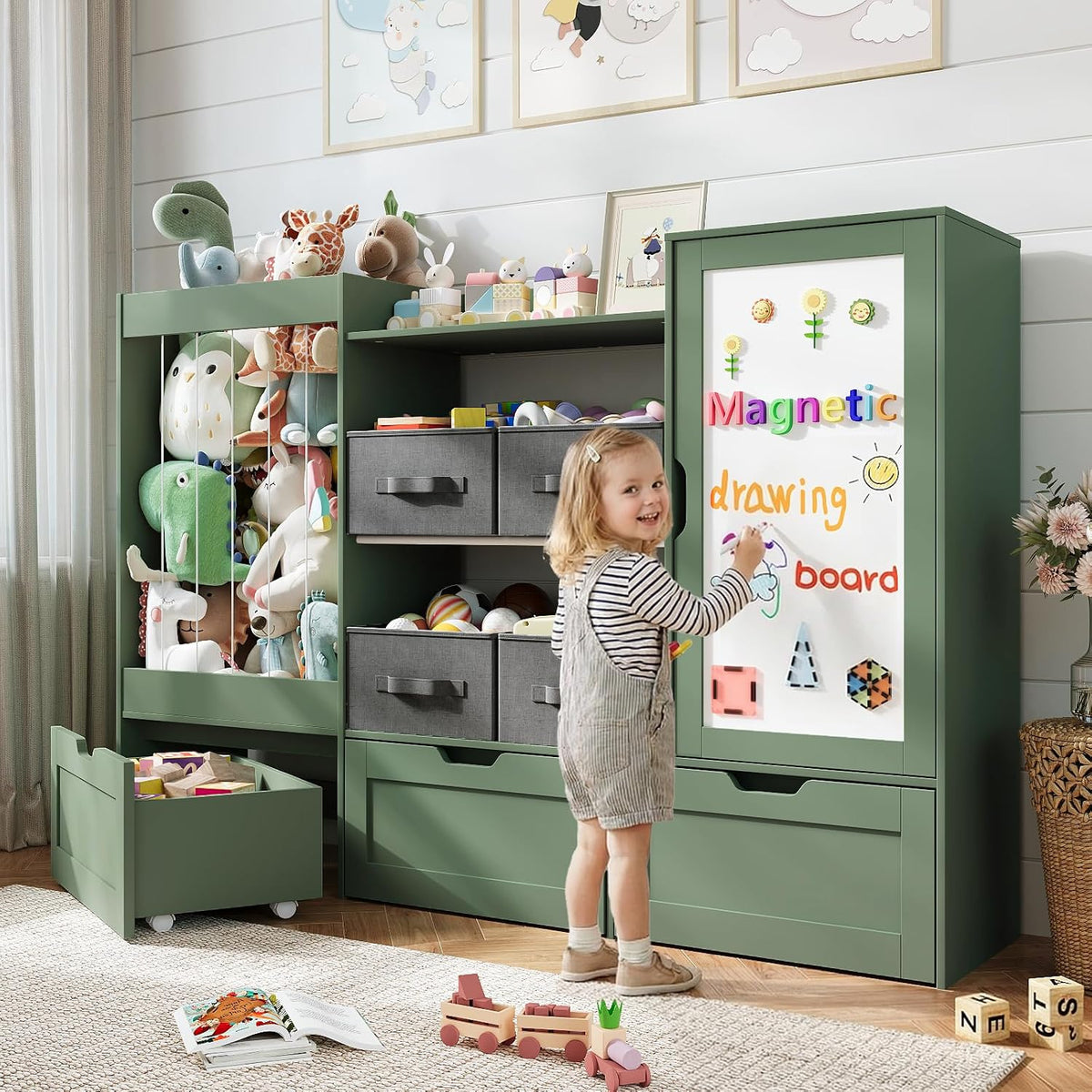 61" W Wooden Kids Toy Storage Organizer with Stuffed Animal Storage