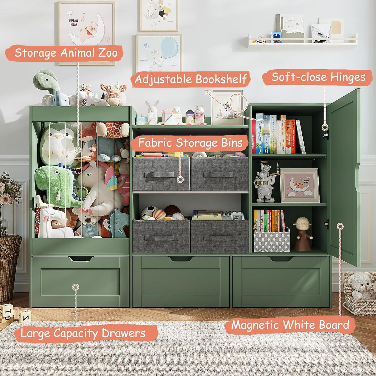 61" W Wooden Kids Toy Storage Organizer with Stuffed Animal Storage