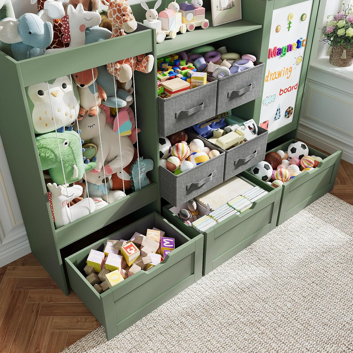 61" W Wooden Kids Toy Storage Organizer with Stuffed Animal Storage