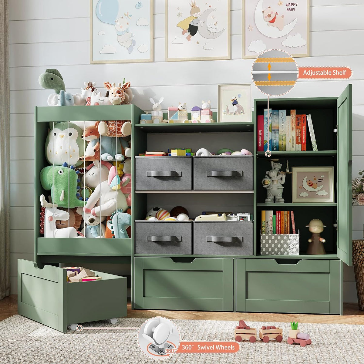 61" W Wooden Kids Toy Storage Organizer with Stuffed Animal Storage