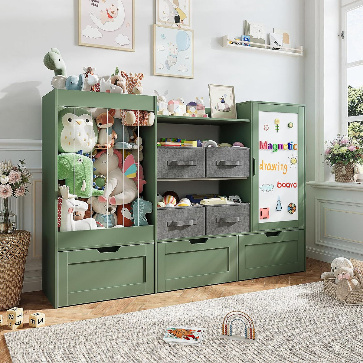 61" W Wooden Kids Toy Storage Organizer with Stuffed Animal Storage
