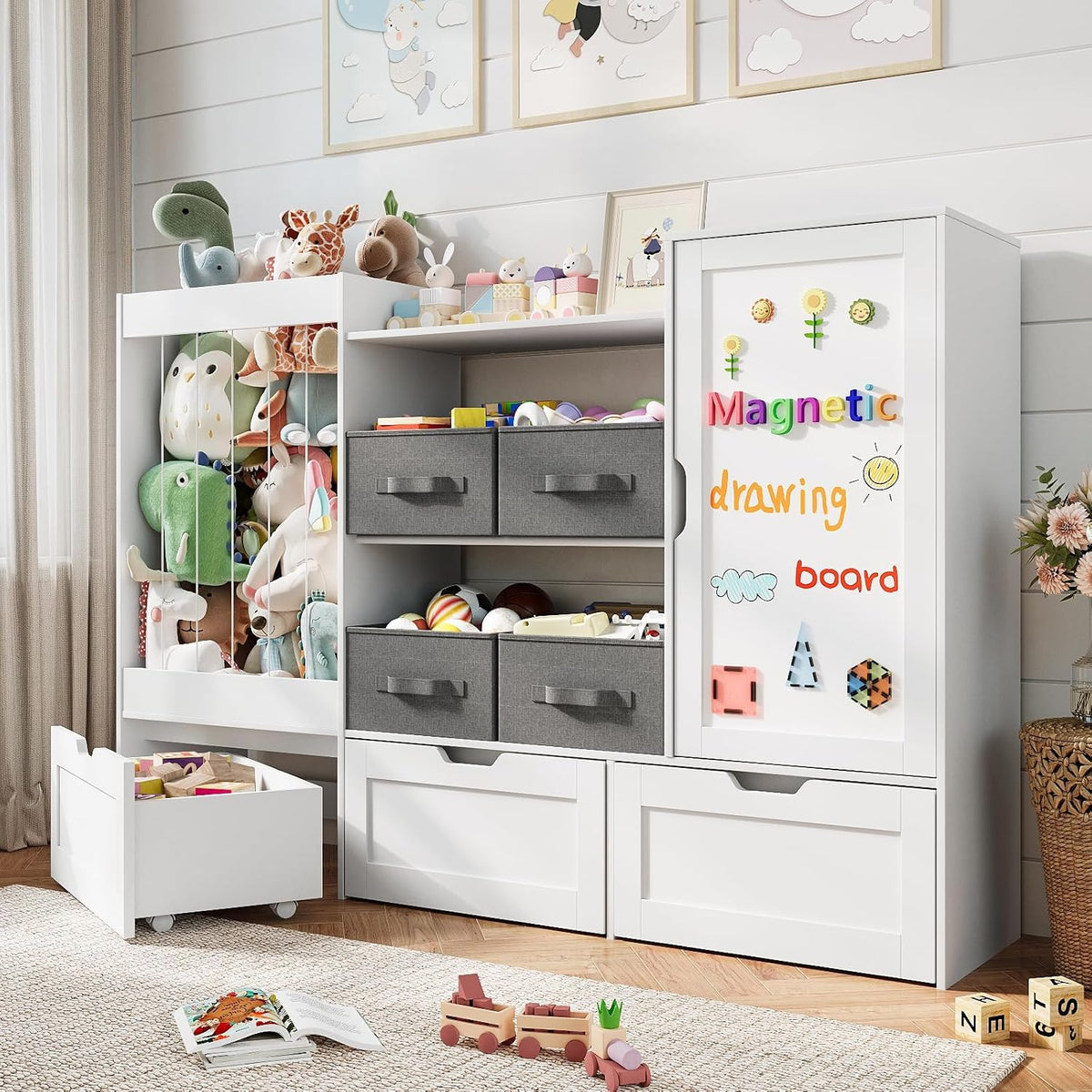 61" W Wooden Kids Toy Storage Organizer with Stuffed Animal Storage