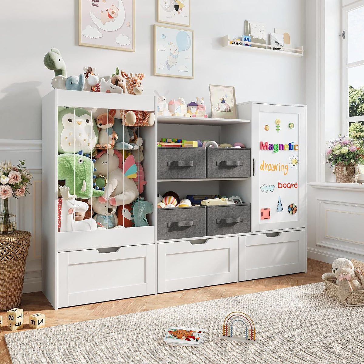 61" W Wooden Kids Toy Storage Organizer with Stuffed Animal Storage