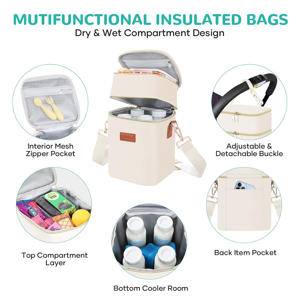 Insulated Baby Bottle Tote Bags with Ice Pack, Fits 4 Baby Bottles Up to 5 Ounce, Portable Breastmilk Cooler Travel Bag with Buckle for Nursing & Working Mom Daycare(Pink-XS)