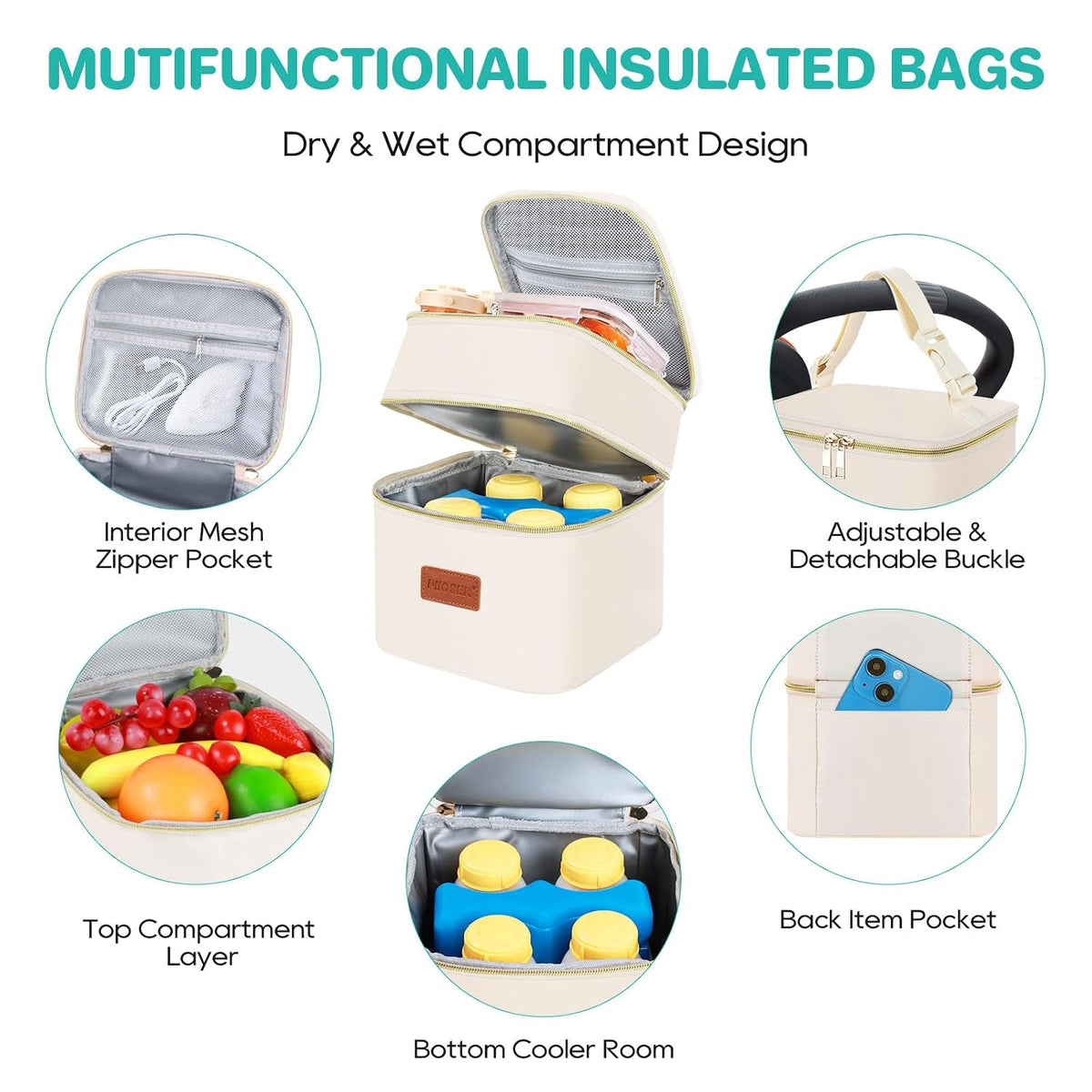 Insulated Baby Bottle Tote Bags with Ice Pack, Fits 4 Baby Bottles Up to 5 Ounce, Portable Breastmilk Cooler Travel Bag with Buckle for Nursing & Working Mom Daycare(Pink-XS)
