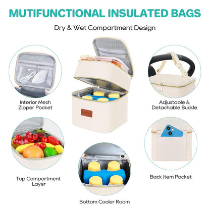 Insulated Baby Bottle Tote Bags with Ice Pack, Fits 4 Baby Bottles Up to 5 Ounce, Portable Breastmilk Cooler Travel Bag with Buckle for Nursing & Working Mom Daycare(Pink-XS)