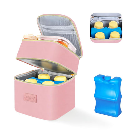 Insulated Baby Bottle Tote Bags with Ice Pack, Fits 4 Baby Bottles Up to 5 Ounce, Portable Breastmilk Cooler Travel Bag with Buckle for Nursing & Working Mom Daycare(Pink-XS)