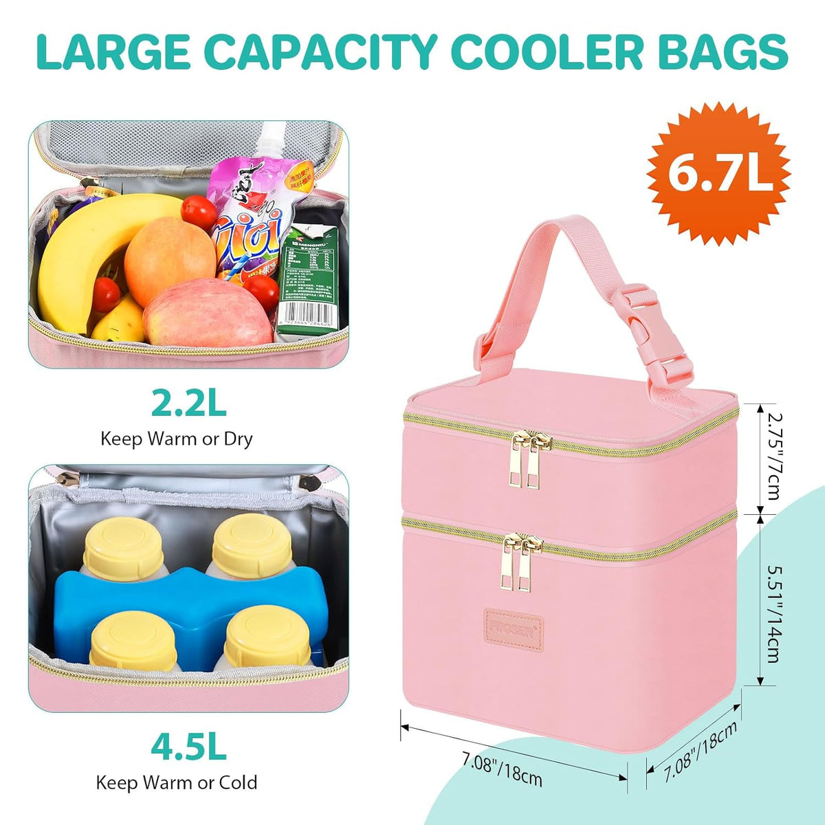 Insulated Baby Bottle Tote Bags with Ice Pack, Fits 4 Baby Bottles Up to 5 Ounce, Portable Breastmilk Cooler Travel Bag with Buckle for Nursing & Working Mom Daycare(Pink-XS)