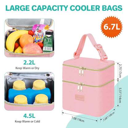Insulated Baby Bottle Tote Bags with Ice Pack, Fits 4 Baby Bottles Up to 5 Ounce, Portable Breastmilk Cooler Travel Bag with Buckle for Nursing & Working Mom Daycare(Pink-XS)