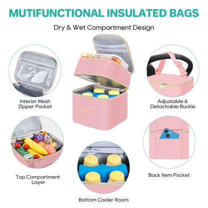 Insulated Baby Bottle Tote Bags with Ice Pack, Fits 4 Baby Bottles Up to 5 Ounce, Portable Breastmilk Cooler Travel Bag with Buckle for Nursing & Working Mom Daycare(Pink-XS)