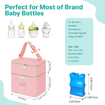 Insulated Baby Bottle Tote Bags with Ice Pack, Fits 4 Baby Bottles Up to 5 Ounce, Portable Breastmilk Cooler Travel Bag with Buckle for Nursing & Working Mom Daycare(Pink-XS)