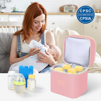 Insulated Baby Bottle Tote Bags with Ice Pack, Fits 4 Baby Bottles Up to 5 Ounce, Portable Breastmilk Cooler Travel Bag with Buckle for Nursing & Working Mom Daycare(Pink-XS)