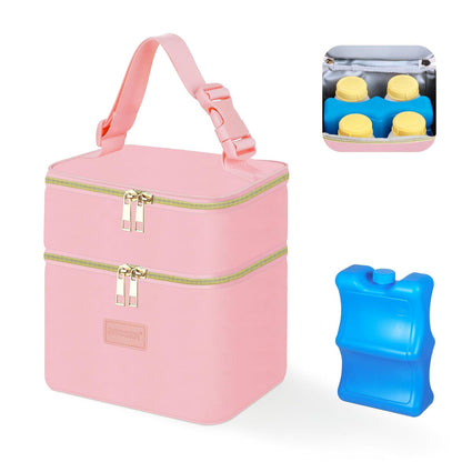 Insulated Baby Bottle Tote Bags with Ice Pack, Fits 4 Baby Bottles Up to 5 Ounce, Portable Breastmilk Cooler Travel Bag with Buckle for Nursing & Working Mom Daycare(Pink-XS)