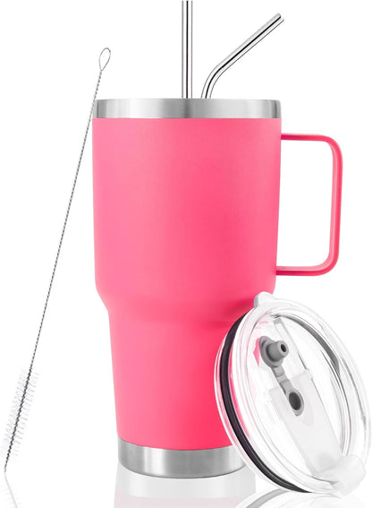 30 oz Tumbler with Handle Insulated Travel Coffee Mug Pink | Double Wall Vacuum Suit Cold and Hot Drink Fits in standard car cup holders With Splash-Proof Lid