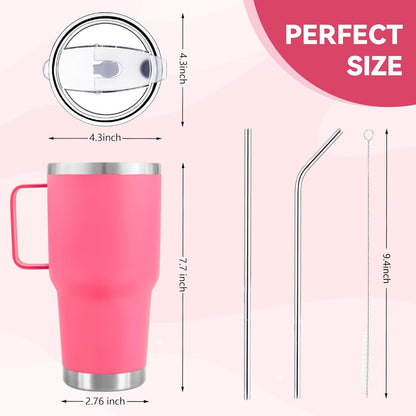 30 oz Tumbler with Handle Insulated Travel Coffee Mug Pink | Double Wall Vacuum Suit Cold and Hot Drink Fits in standard car cup holders With Splash-Proof Lid