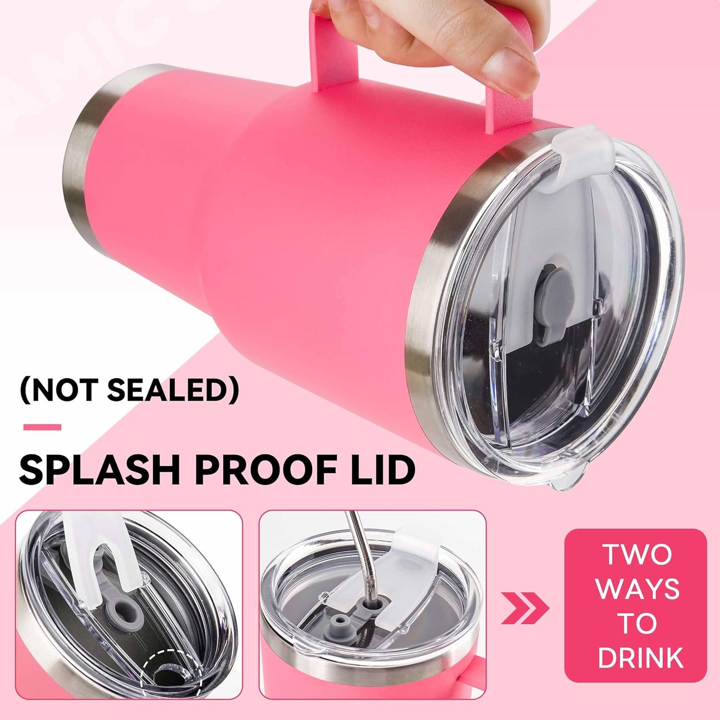 30 oz Tumbler with Handle Insulated Travel Coffee Mug Pink | Double Wall Vacuum Suit Cold and Hot Drink Fits in standard car cup holders With Splash-Proof Lid