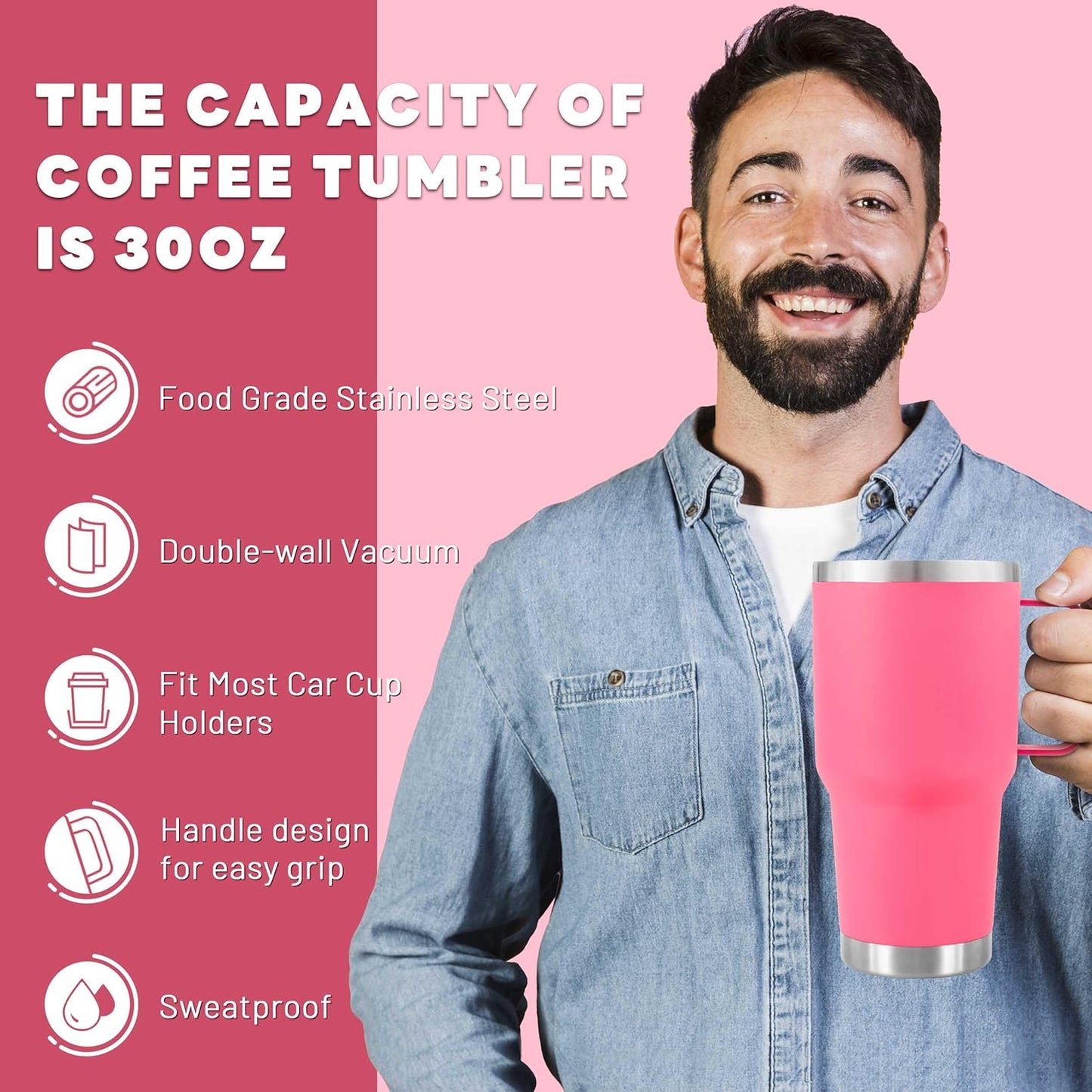 30 oz Tumbler with Handle Insulated Travel Coffee Mug Pink | Double Wall Vacuum Suit Cold and Hot Drink Fits in standard car cup holders With Splash-Proof Lid