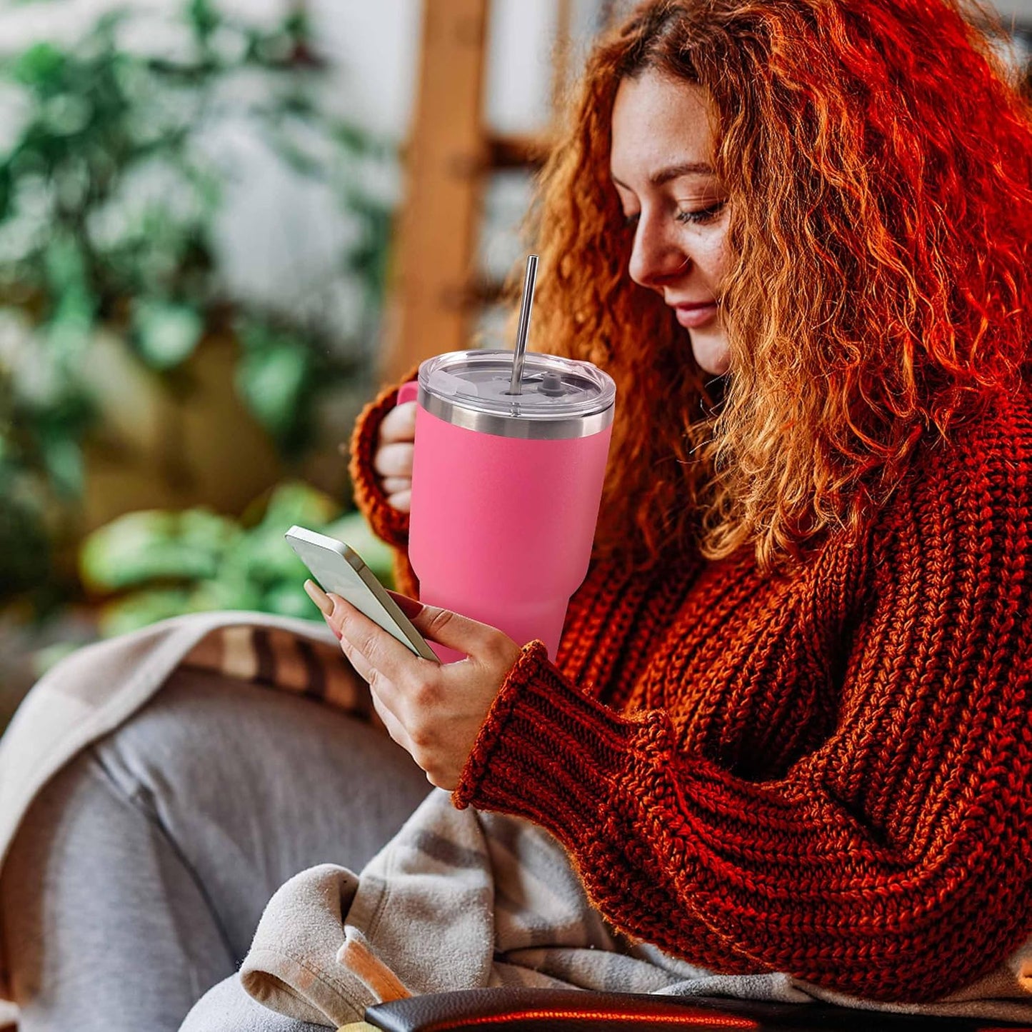 30 oz Tumbler with Handle Insulated Travel Coffee Mug Pink | Double Wall Vacuum Suit Cold and Hot Drink Fits in standard car cup holders With Splash-Proof Lid