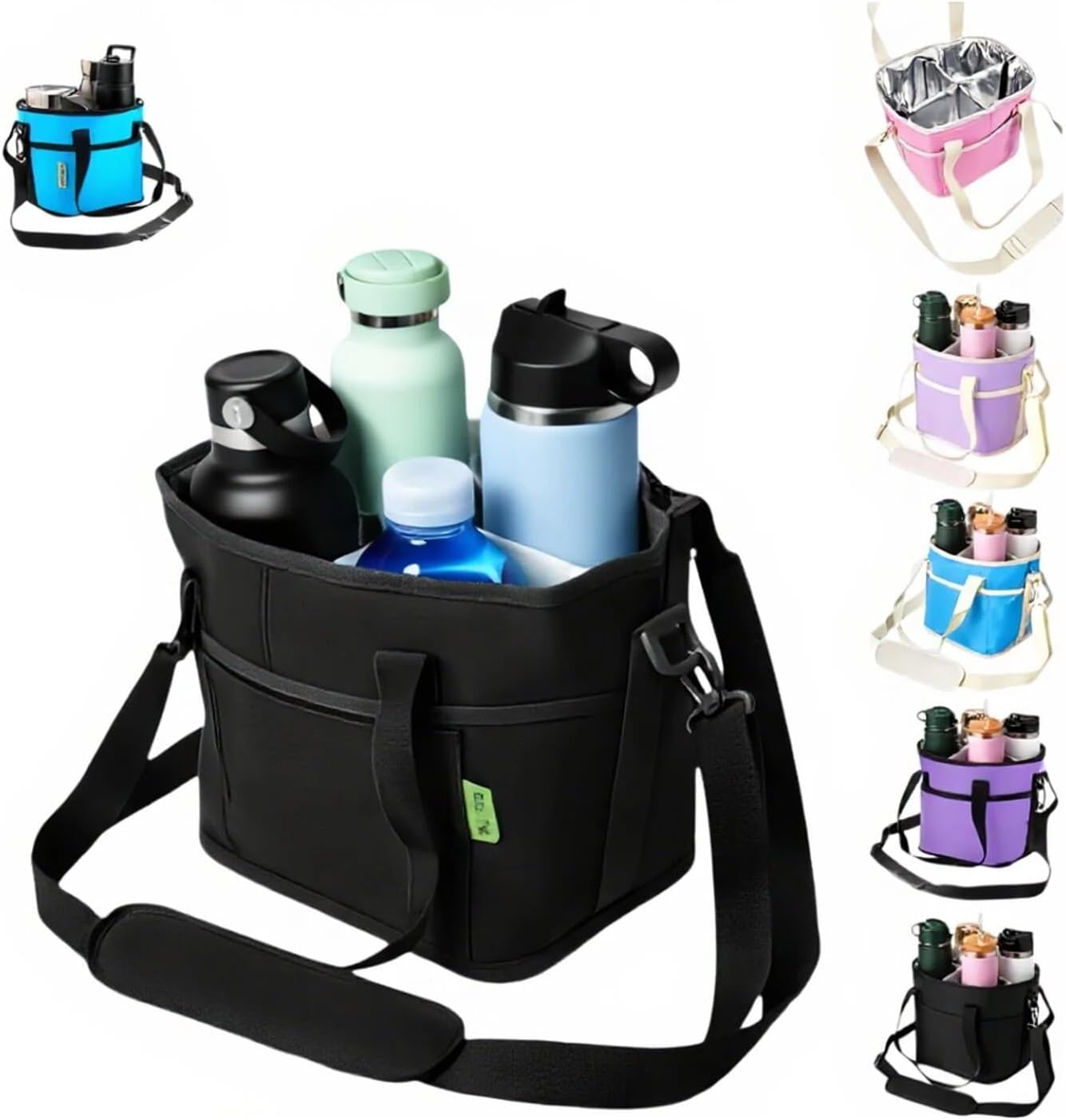 4-Compartment Black Insulated Drink Carrier Bag with Strap | Holds 4 bottles or 40oz tumblers. Adjustable shoulder strap, no-spill design. Family-size caddy for travel, hiking, car.