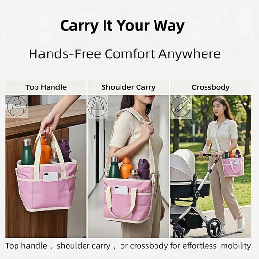 4-Compartment Black Insulated Drink Carrier Bag with Strap | Holds 4 bottles or 40oz tumblers. Adjustable shoulder strap, no-spill design. Family-size caddy for travel, hiking, car.