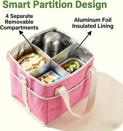 4-Compartment Black Insulated Drink Carrier Bag with Strap | Holds 4 bottles or 40oz tumblers. Adjustable shoulder strap, no-spill design. Family-size caddy for travel, hiking, car.