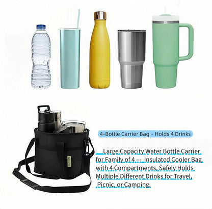 4-Compartment Black Insulated Drink Carrier Bag with Strap | Holds 4 bottles or 40oz tumblers. Adjustable shoulder strap, no-spill design. Family-size caddy for travel, hiking, car.
