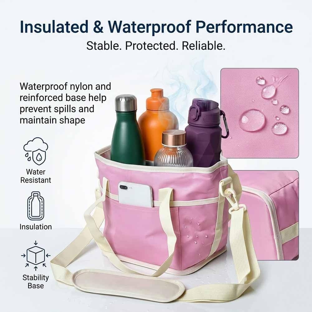 4-Compartment Black Insulated Drink Carrier Bag with Strap | Holds 4 bottles or 40oz tumblers. Adjustable shoulder strap, no-spill design. Family-size caddy for travel, hiking, car.