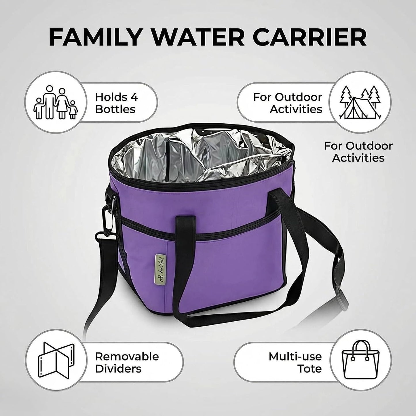 4-Compartment Black Insulated Drink Carrier Bag with Strap | Holds 4 bottles or 40oz tumblers. Adjustable shoulder strap, no-spill design. Family-size caddy for travel, hiking, car.