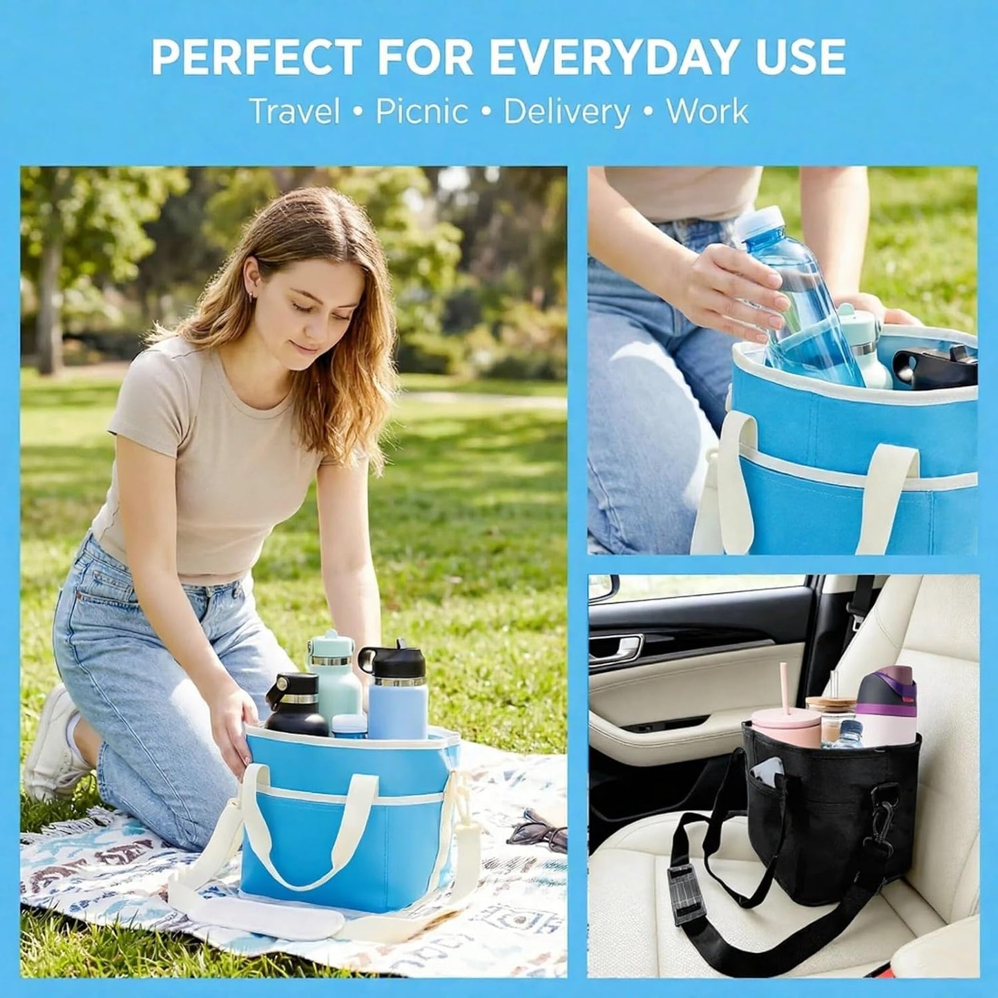 4-Compartment Black Insulated Drink Carrier Bag with Strap | Holds 4 bottles or 40oz tumblers. Adjustable shoulder strap, no-spill design. Family-size caddy for travel, hiking, car.