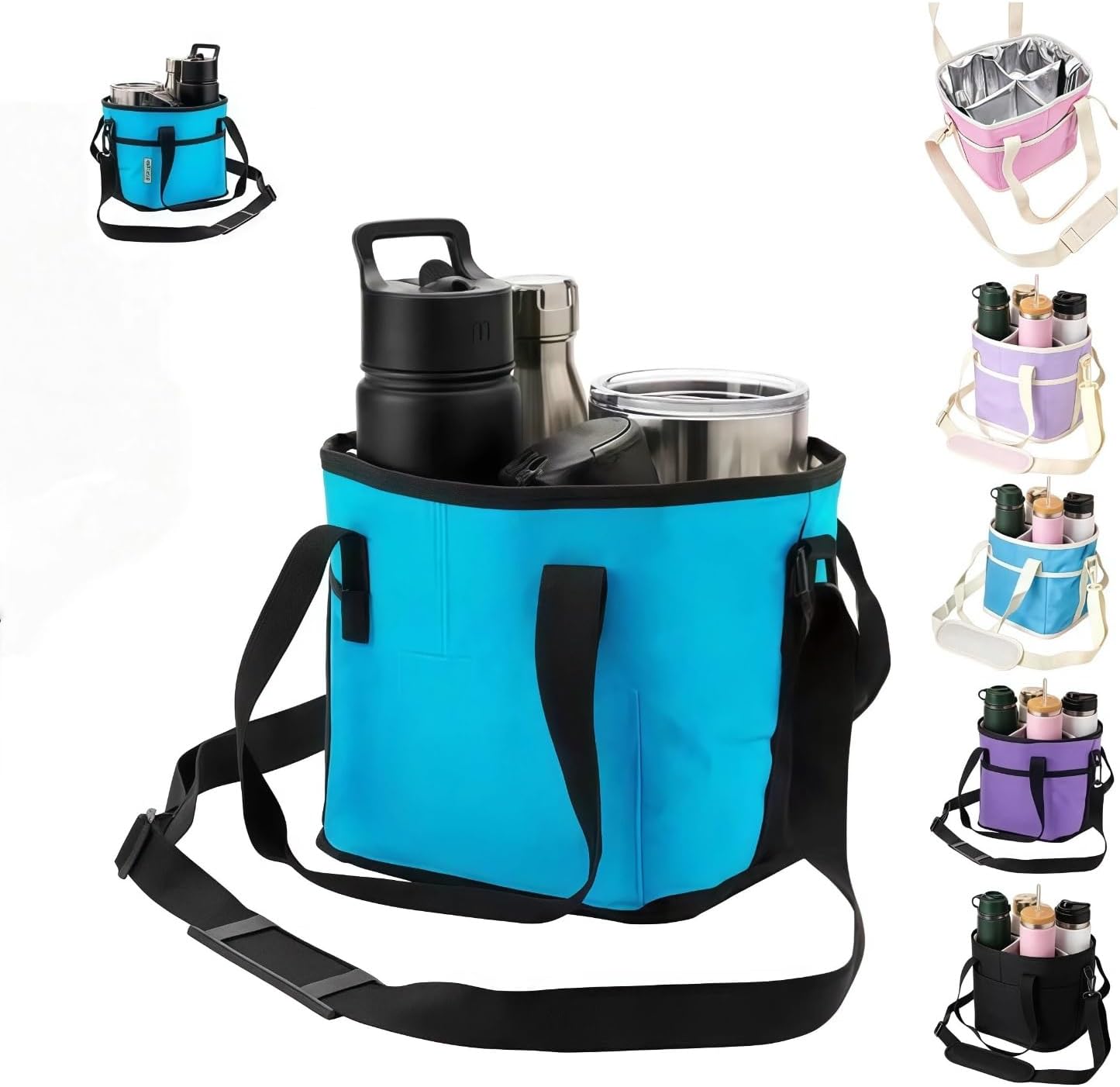 4-Compartment Black Insulated Drink Carrier Bag with Strap | Holds 4 bottles or 40oz tumblers. Adjustable shoulder strap, no-spill design. Family-size caddy for travel, hiking, car.