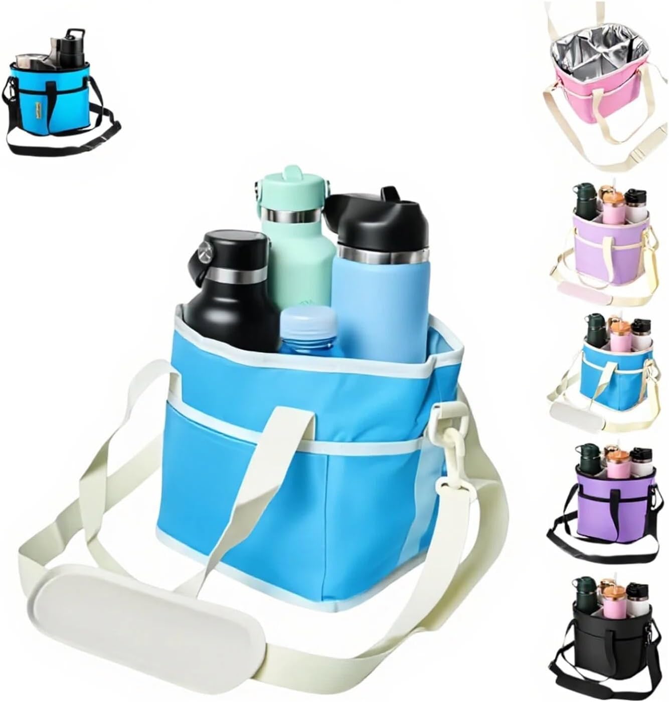 4-Compartment Black Insulated Drink Carrier Bag with Strap | Holds 4 bottles or 40oz tumblers. Adjustable shoulder strap, no-spill design. Family-size caddy for travel, hiking, car.