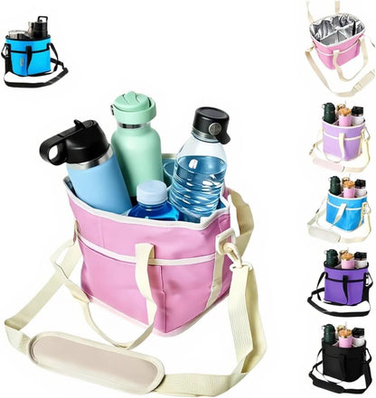 4-Compartment Black Insulated Drink Carrier Bag with Strap | Holds 4 bottles or 40oz tumblers. Adjustable shoulder strap, no-spill design. Family-size caddy for travel, hiking, car.