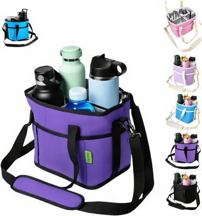 4-Compartment Black Insulated Drink Carrier Bag with Strap | Holds 4 bottles or 40oz tumblers. Adjustable shoulder strap, no-spill design. Family-size caddy for travel, hiking, car.