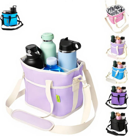 4-Compartment Black Insulated Drink Carrier Bag with Strap | Holds 4 bottles or 40oz tumblers. Adjustable shoulder strap, no-spill design. Family-size caddy for travel, hiking, car.