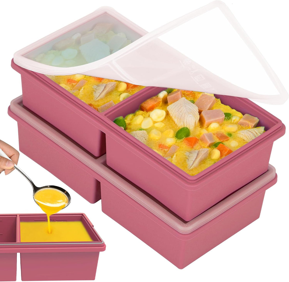 2 cup Silicone Freezer Trays with Lids, Silicone Soup Freezer Mold, 2 Pack