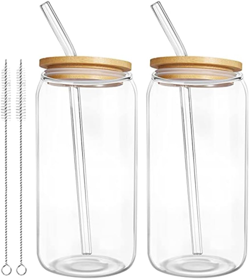 2-Pack can Water Cups 5.9 Inch Clear Portable Drinking Cups with Bamboo Lids and Leakproof Straws for Iced Tea Coffee and Milk