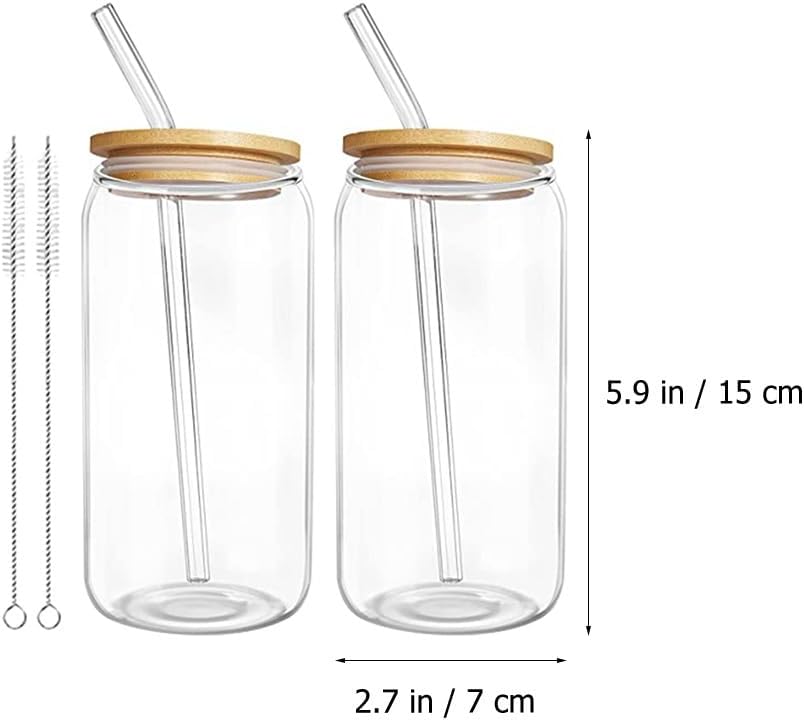 2-Pack can Water Cups 5.9 Inch Clear Portable Drinking Cups with Bamboo Lids and Leakproof Straws for Iced Tea Coffee and Milk