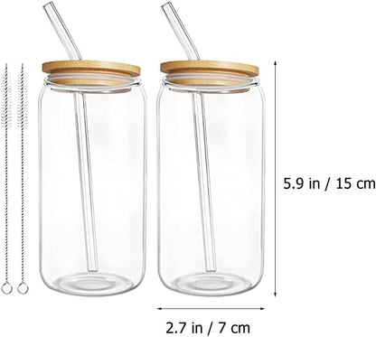 2-Pack can Water Cups 5.9 Inch Clear Portable Drinking Cups with Bamboo Lids and Leakproof Straws for Iced Tea Coffee and Milk