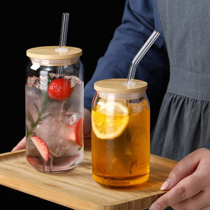 2-Pack can Water Cups 5.9 Inch Clear Portable Drinking Cups with Bamboo Lids and Leakproof Straws for Iced Tea Coffee and Milk
