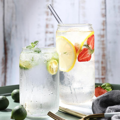 2-Pack can Water Cups 5.9 Inch Clear Portable Drinking Cups with Bamboo Lids and Leakproof Straws for Iced Tea Coffee and Milk