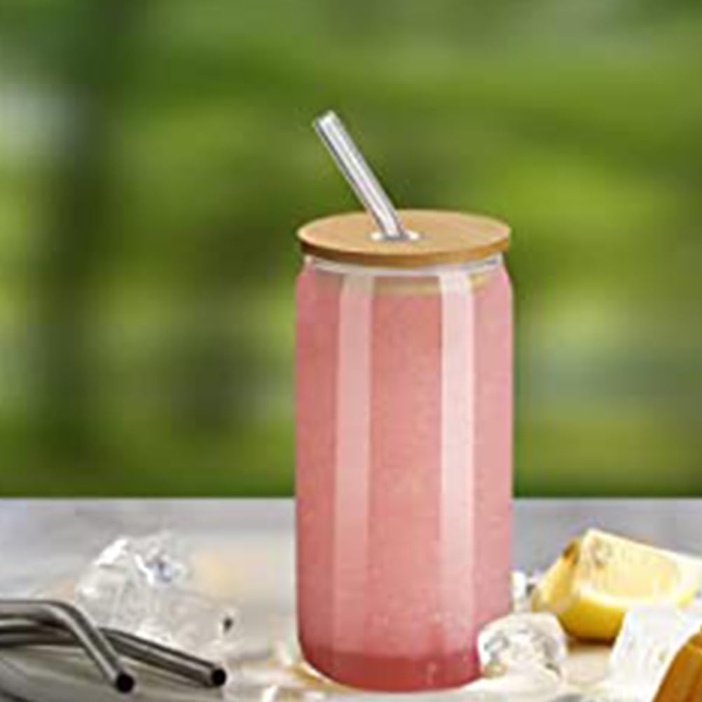 2-Pack can Water Cups 5.9 Inch Clear Portable Drinking Cups with Bamboo Lids and Leakproof Straws for Iced Tea Coffee and Milk