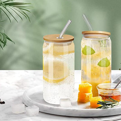 2-Pack can Water Cups 5.9 Inch Clear Portable Drinking Cups with Bamboo Lids and Leakproof Straws for Iced Tea Coffee and Milk